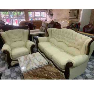 7 SEATERS SOFA CHAIRS - QUALITY CREAM LEATHER & CENTER TABLE (EKIN)