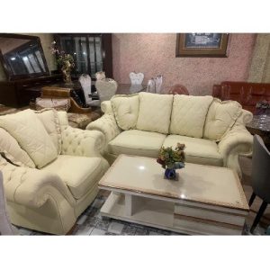 7 SEATERS SOFA CHAIRS - QUALITY CREAM LEATHER & CENTER TABLE (EKIN)