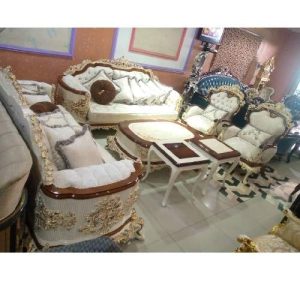 SOFA CHAIRS - QUALITY DESIGNED 7 CREAM & BROWN WITH CENTER TABLE & 2 SIDE STOOLS (SETIN)