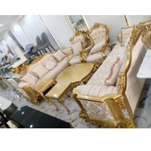 SOFA CHAIRS - QUALITY DESIGNED 7 GOLD & CREAM (WITHOUT CENTER TABLE & SIDE STOOLS) (SETIN)