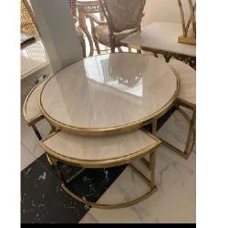 CENTER TABLE & 2 SIDE STOOLS - QUALITY DESIGNED CREAM & GOLD (SAINT)