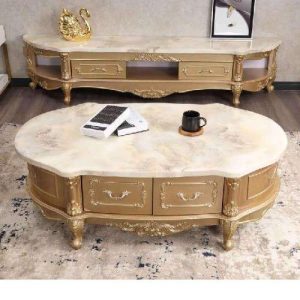 CENTER TABLE & 2 SIDE STOOLS - QUALITY DESIGNED OVAL WHITE MARBLE TOP WITH GOLD FRAME (JAFU)