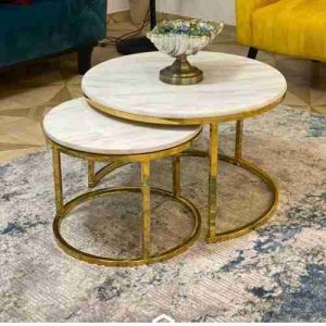 CENTER TABLE & 2 SIDE STOOLS - QUALITY DESIGNED WHITE MARBLE (MOBIN)