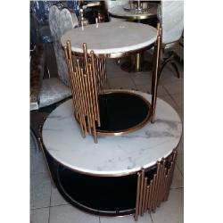 CENTER TABLE & 2 SIDE STOOLS - QUALITY DESIGNED WHITE MARBLE TOP (MOBIN)