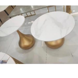 CENTER TABLE & 2 SIDE STOOLS - QUALITY DESIGNED WHITE ROUND MARBLE TOP AND GOLDEN BASE (JAFU)