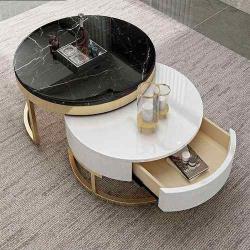 CENTER TABLE - QUALITY DESIGNED 2 PIECES WHITE & BLACK ROUND MARBLE TOP (SAINT)