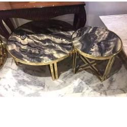 CENTER TABLE - QUALITY DESIGNED BLACK & BROWN ROUND WHITE MARBLE TOP WITH 2 SIDE STOOLS (JAFU)