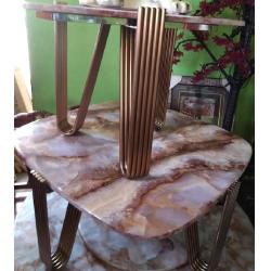 CENTER TABLE - QUALITY DESIGNED BROWN MARBLE TOP GOLDEN FRAME & 2 SIDE STOOLS - (JAFU)