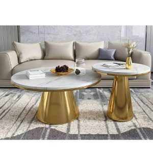 CENTER TABLE - QUALITY DESIGNED ROUND WHITE MARBLE TOP GOLDEN FRAME & 2 SIDE STOOLS - (JAFU)