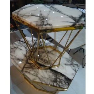 CENTER TABLE - QUALITY DESIGNED WHITE & BLACK MARBLE TOP ROUND WITH 2 SIDE STOOLS - (JAFU)