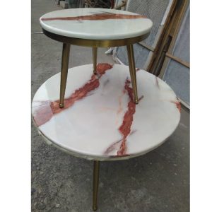 CENTER TABLE - QUALITY DESIGNED WHITE & BROWN MARBLE TOP 3 LEGS SIDE STOOLS - (JAFU)