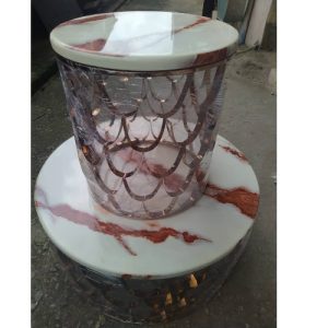 CENTER TABLE - QUALITY DESIGNED WHITE& BROWN MARBLE TOP BASKET SHAPED 2 SIDE STOOLS - (JAFU)