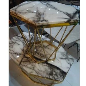 CENTER TABLE - QUALITY DESIGNED WHITE & GRAY HEXAGON MARBLE TOP 2 SIDE STOOLS - (JAFU)