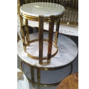 CENTER TABLE - QUALITY DESIGNED WHITE MARBLE TOP & GOLD FRAME ROUND 2 SIDE STOOLS - (JAFU)