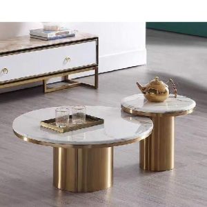 CENTER TABLE - QUALITY DESIGNED WHITE MARBLE TOP WITH GOLD ROUND BASE 2 SIDE STOOLS - (JAFU)