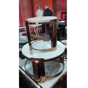 CENTER TABLE - QUALITY DESIGNED WHITE MARBLE TOP WITH GOLDEN FRAME & 2 SIDE STOOLS - (JAFU)