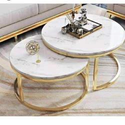 CENTER TABLE - QUALITY DESIGNED WHITE ROUND MARBLE TOP & GOLDEN FRAME 2 PIECES (JAFU)