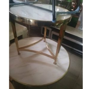 CENTER TABLE - QUALITY DESIGNED WHITE ROUND MARBLE TOP GOLDEN FRAME 3 LEGS SIDE STOOLS - (JAFU)