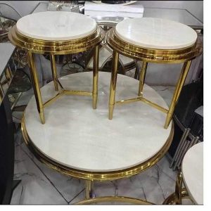 CENTER TABLE - QUALITY DESIGNED WHITE ROUND MARBLE TOP WITH 2 SIDE STOOLS (MOBIN)