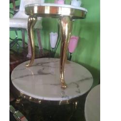 CENTER TABLE - QUALITY DESIGNED WHITE ROUND MARBLE TOP WITH GOLD LEGS & 2 SIDE STOOLS (JAFU)