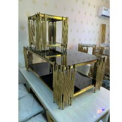 CENTER TABLE & SIDE STOOL - QUALITY RECTANGULAR BLACK & GOLD (SOFU)