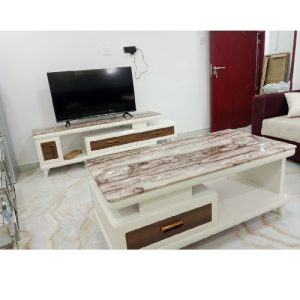 CENTER TABLE & TV STAND - QUALITY DESIGNED CREAM & BROWN MARBLE TOP (SATEC)