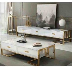 CENTER TABLE & TV STAND - QUALITY WHITE & GOLD RECTANGULAR (SOFU)