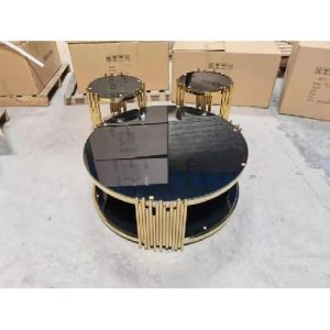 CENTER TABLE & TWO SIDE STOOLS - QUALITY BLACK & GOLD (SOFU)