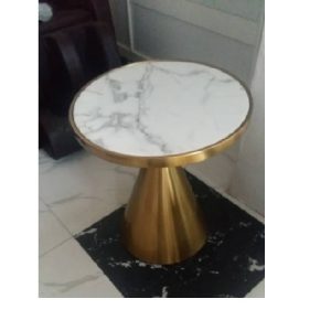 CENTER TABLE WITH 2 SIDE STOOLS - QUALITY DESIGNED GOLD & WHITE MARBLE ROUND (MOBIN)