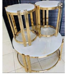 CENTER TABLE WITH 2 SIDE STOOLS - QUALITY DESIGNED WHITE & GOLD ROUND MARBLE (JAFU)