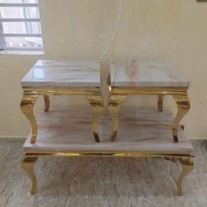 CENTER TABLE WITH 2 SIDE STOOLS - QUALITY DESIGNED WHITE MARBLE & GOLD (MOBIN)