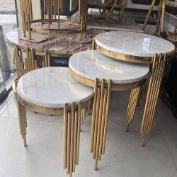 CENTER TABLE WITH GOLDEN FRAME & 3 SIDE STOOLS - QUALITY DESIGNED WHITE TOP ROUND (SAINT)