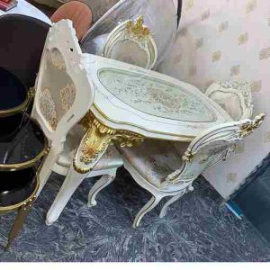 DINING SET - QUALITY DESIGNED WHITE & GOLD 4 CHAIRS (SOFU)