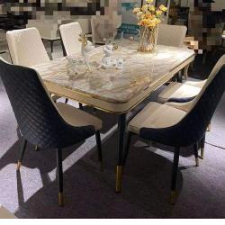 DINING TABLE - QUALITY DESIGNED BLACK & CREAM MARBLE WITH 6 CHAIRS (OKAF)