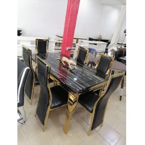 DINING TABLE - QUALITY DESIGNED BLACK & GOLD MARBLE TOP WITH 6 CHAIRS - (MOBIN)