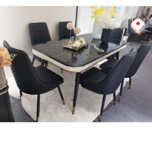 DINING TABLE - QUALITY DESIGNED BLACK MARBLE & 6 CHAIRS (CHILU)