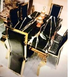 DINING TABLE - QUALITY DESIGNED BLACK & WHITE MARBLE TOP WITH 6 CHAIRS - (MOBIN)