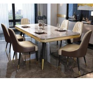 DINING TABLE - QUALITY DESIGNED BROWN & CREAM SIX MARBLE WITH CHAIRS (AUSFUR)