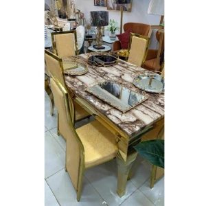 DINING TABLE - QUALITY DESIGNED BROWN & WHITE MARBLE TOP WITH 6 CHAIRS - (MOBIN)