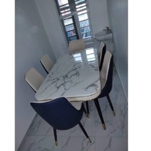 DINING TABLE - QUALITY DESIGNED CREAM MARBLE & 6 CHAIRS - (CHILU)