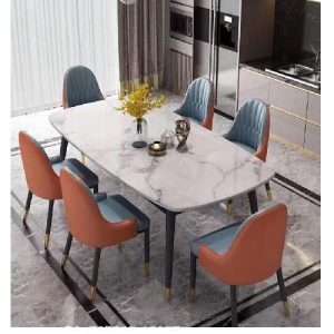 DINING TABLE - QUALITY DESIGNED ROYAL WHITE MARBLE & GREY/ORANGE WITH 6 CHAIRS (OKAF)