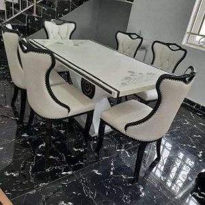 DINING TABLE - QUALITY DESIGNED WHITE 6 CHAIRS (MOBIN)