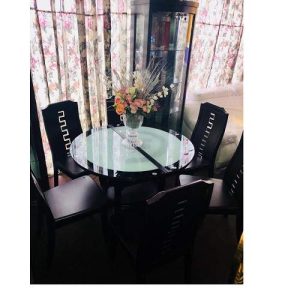 DINING TABLE - QUALITY DESIGNED WHITE & BLACK ROUND 6 CHAIRS -(JAFU)