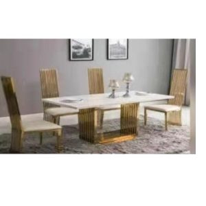 DINING TABLE - QUALITY DESIGNED WHITE & BROWN MARBLE 6 CHAIRS (JAFU)