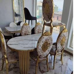 DINING TABLE - QUALITY DESIGNED WHITE & GOLD MARBLE TOP BY 6 CHAIRS (JAFU)