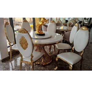 DINING TABLE - QUALITY ROUND WHITE MARBLE & GOLD DESIGN WITH 6 CHAIRS (OKAF)