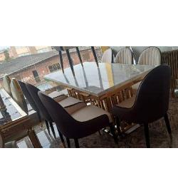 DINING TABLE - QUALITY ROUND WHITE RECTANGULAR MARBLE DESIGN WITH 8 CHAIRS (OKAF)