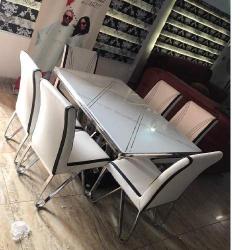 DINING TABLE WITH 6 CHAIRS - QUALITY DESIGNED WHITE MARBLE TOP (SAINT)