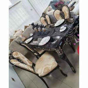 DINNING TABLE - QUALITY DESIGNED BLACK & BROWN 6 CHAIRS (JAFU)