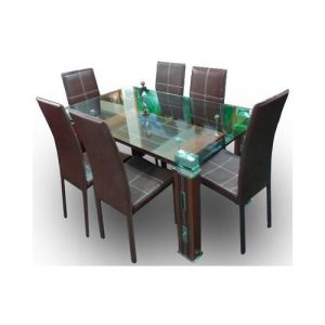 Dining Set Glass with 6 Chairs (Brown)